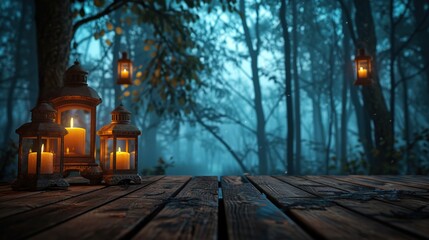 A spooky forest background with lanterns and candles on the empty wooden table