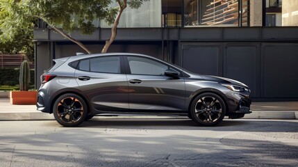 The side view of a stylish hatchback, featuring its compact design, sporty stance, and practical functionality. Ideal for urban and suburban living.