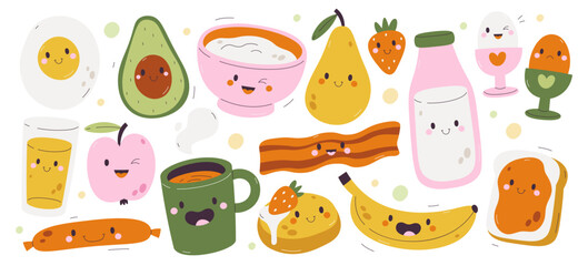 Cute breakfast food tasty snack and drinks set with funny faces and happy emotion and expression