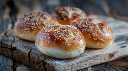 A trio of artisan rolls resting on a rustic wooden ting board. Each roll has a unique shape and texture with one featuring a crackling top and the others displaying a smooth homogenous