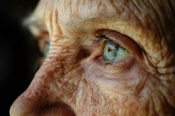 A woman with a wrinkled face and blue eyes. The woman's eyes are open and staring at the camera