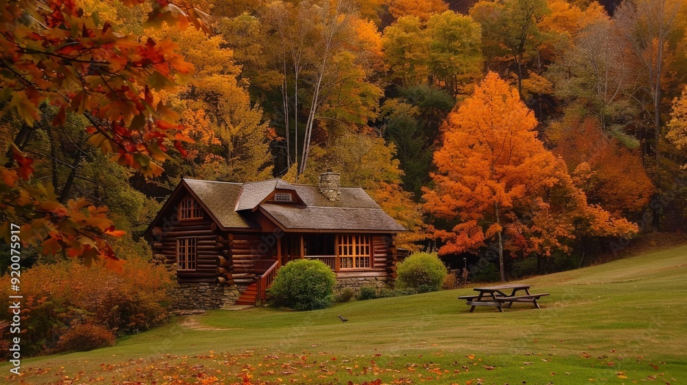 Poster write about the seasonal changes observed from an isolated house in a forest. describe autumn foliag