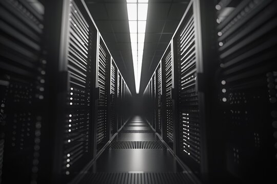 A dimly lit modern data center displaying an extensive array of server racks and cuttingedge technology throughout