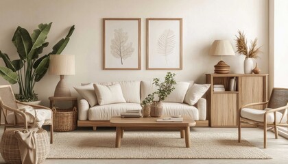 A warm, minimalist living room with beige walls and cozy decor 1. Generative AI