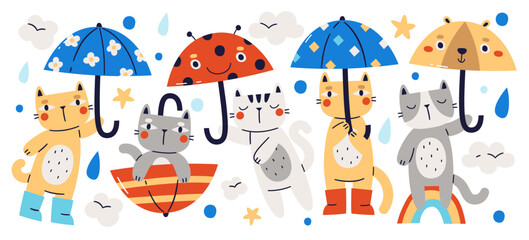 Cute small cats hand drawn characters with umbrella flying in rainy cloudy sky childish motif © Mykola Syvak