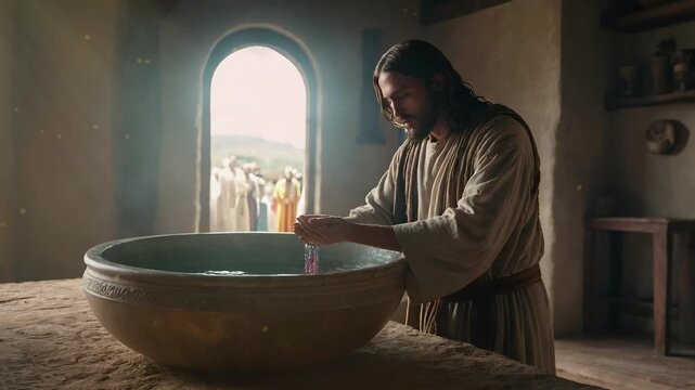 Jesus Christ performed the miracle of turning water into wine, christian background, motion loop
