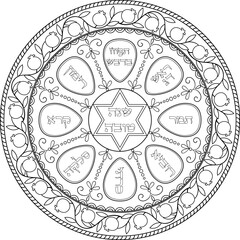 Coloring page of traditional Rosh Hashanah dish plate with hebrew titles. Jewish new year theme decorative illustration.