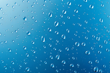 Water drops on blue background. Rain drops on glossy window glass.