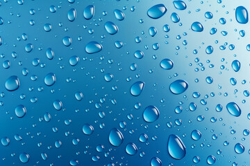 Water drops on blue background. Rain drops on glossy window glass.