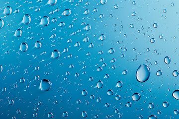 Water drops on blue background. Rain drops on glossy window glass.