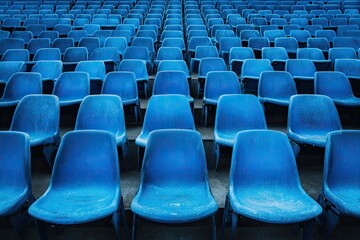 Fototapeta premium A row of blue chairs are empty in a stadium. The chairs are arranged in rows, with some chairs closer to the front and others further back