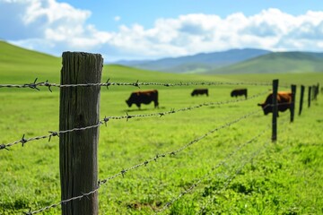 Barbed wire fence with cows grazing in green pasture