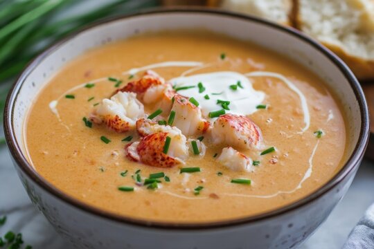 Lobster bisque soup with cream and chives