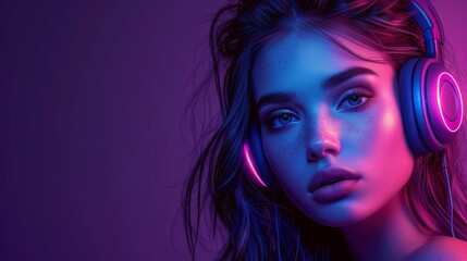 Fototapeta premium ヘッドフォンを付けた美しい女性の顔クローズアップ,Generative AI AI画像