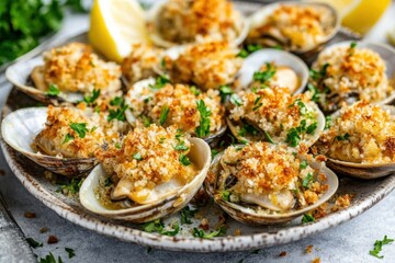 A plate of baked clams oreganata, topped with breadcrumbs and parsley, served with lemon wedges 