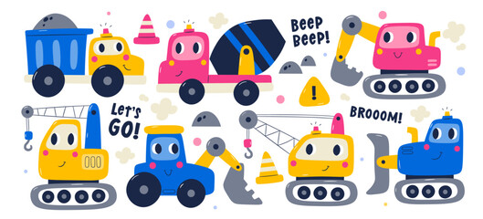 Cartoon kawaii heavy machinery cars childish construction vehicles with happy faces isolated set © Mykola Syvak