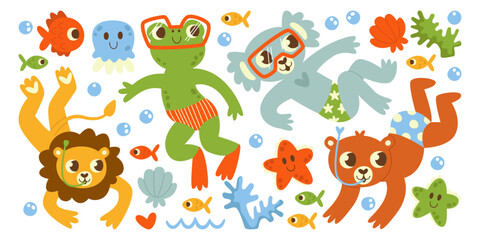 Cute cartoon animals characters swimming underwater and enjoying deep diving with equipment