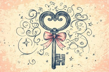 A vintage heart-shaped key with a decorative bow, surrounded by whimsical swirls and stars on a textured background.