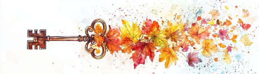 Fototapeta premium A vintage key surrounded by vibrant autumn leaves, symbolizing unlocking potential and nature's beauty in artistic colors.