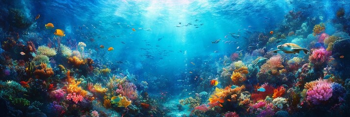 Coral reef dive banner design, vibrant marine life, schools of fish, wondrous sea turtles