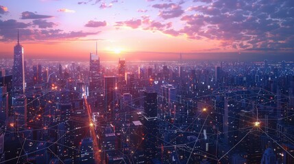 Fototapeta premium A bustling cityscape at dusk with bright lines connecting buildings, futuristic elements added in the sky.