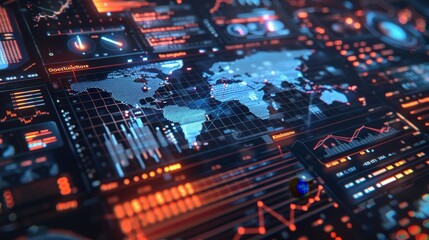 Obraz premium A digital interface displaying worldwide interconnectedness, with holograms of varying data charts and floating numbers.