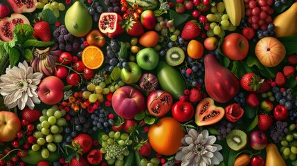 A diverse spread of fruits and vegetables arranged symmetrically, interspersed with flowers and herbs.