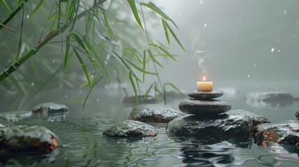 Balanced stones with bamboo and a small candle surrounded by mist.