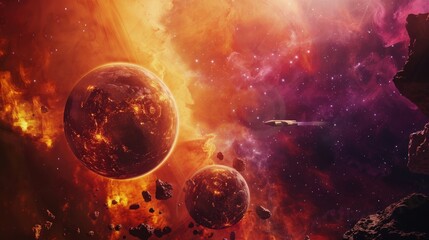 Naklejka premium Cosmic scene with two planets near huge asteroids and glowing nebula background. Add a spacecraft entering the frame.