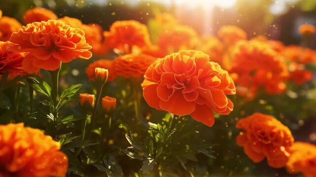 A beautiful garden is filled with blooming marigold flowers, showcasing their bright orange petals under the warm sunlight, light bokeh