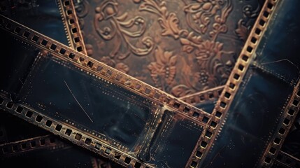 Empty film strip frame, with vintage photo edges and intricate patterns in the corners.