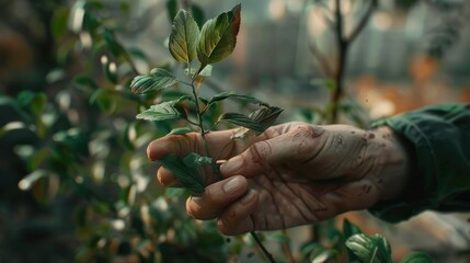Hand grasping a plant branch; leaves fused with skin, forest background transitioning into a blurred cityscape.