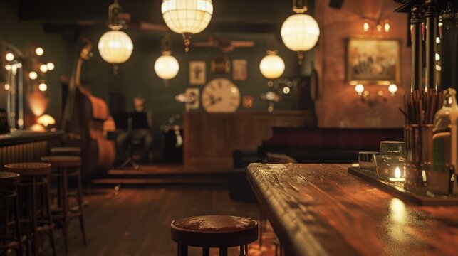 Empty bar with wooden countertop, dim hanging lanterns, jazz band playing in background.