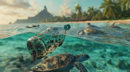 Obraz premium Plastic bottle floating in the ocean, sea turtles swim below, a beach in the background.