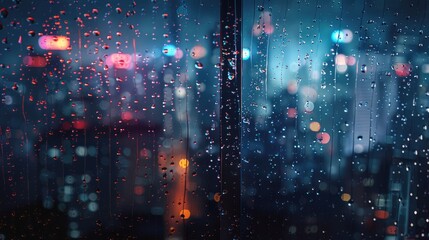 Fototapeta premium Raindrops on a windowpane with faint reflections of city lights.