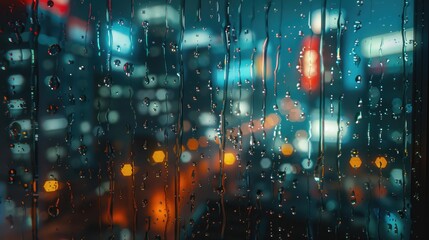 Obraz premium Raindrops on a windowpane with faint reflections of city lights.