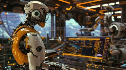 Fototapeta premium Robot analyzing data screens in high-tech factory with automated robotic arms assembling vehicles. Spaceship dock in background.