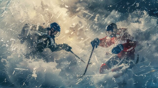 Two ice hockey players face off, surrounded by clouds of ice particles. Electric storm in the background.