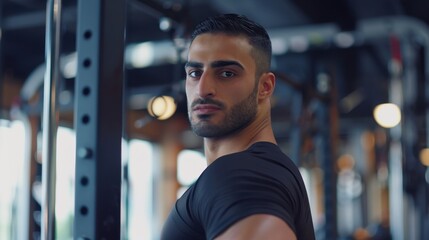 Fototapeta premium A Muscular Man Looking Over His Shoulder in a Gym
