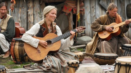 Woman playing a guitar with other musicians and drums