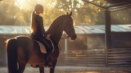 Obraz premium Woman Riding a Horse in a Golden Light Setting