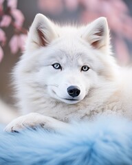 Obraz premium Majestic white wolf peacefully resting among blooming trees in a tranquil natural environment