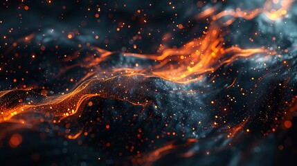 a background of dark space with orange and purple sparks, smoke on the right side, stars in black sky