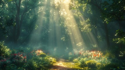 Fototapeta premium Misty Forest Trail with Mystical Sunbeam Breaking Through Lush Greenery