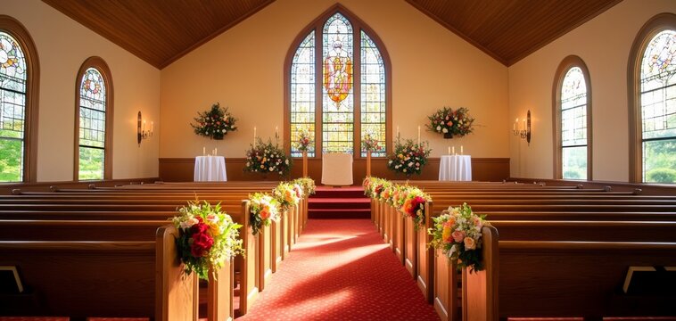 Beautifully decorated church interior with floral arrangements, elegant lighting, and wooden pews, perfect for a wedding ceremony or religious event.