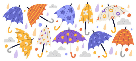 Cute cartoon umbrellas collection with different colorful pattern for rainy weather season © Mykola Syvak