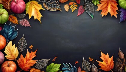Autumn Leaves Frame - dark chalkboard background with a border made of vibrant autumn leaves. Graphic art illustration with blank space for text