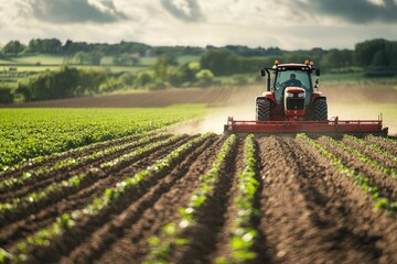 Fototapeta premium A red tractor is driving through a field of crops. The tractor is pulling a plow behind it, which is used to prepare the soil for planting. The field is lush and green