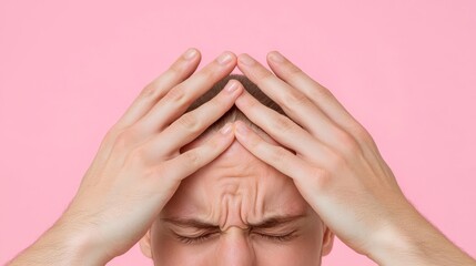 Closeup of a person pressing their temple with fingers, intense migraine pain, vivid portrayal of acute discomfort