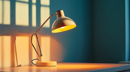 Illuminated Desk Lamp on a White Tabletop with Teal Wall and Window Light